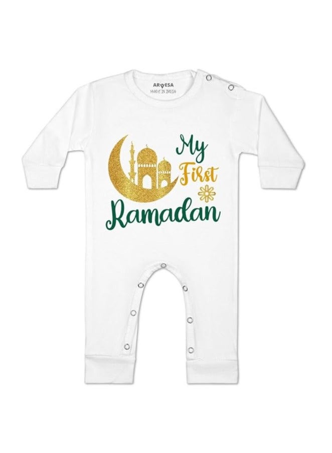Arvesa My First Ramadan Jumpsuit White 0-3 Months Baby Boy and Girl Dress JS-804 - Image 1