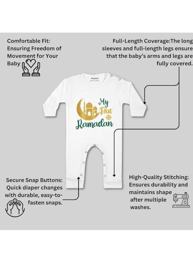 Arvesa My First Ramadan Jumpsuit White 0-3 Months Baby Boy and Girl Dress JS-804 - Image 3