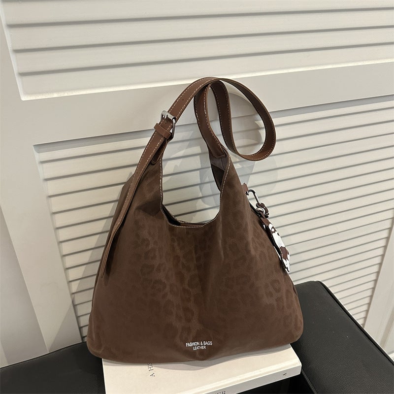 Women's Suede Leopard Print Large Capacity Tote Bag Casual Commuter Shoulder Handbag - Image 1