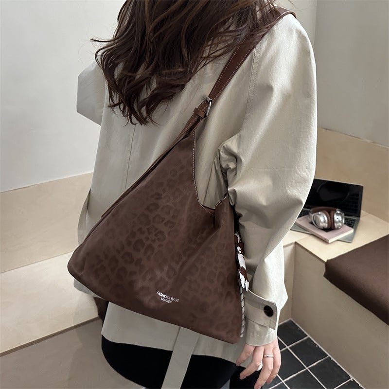 Women's Suede Leopard Print Large Capacity Tote Bag Casual Commuter Shoulder Handbag - Image 4