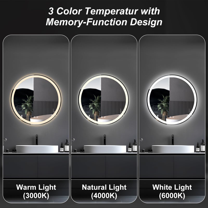 DUMOS 30 Inch Round LED Bathroom Mirror with Lights, Circle Vanity Mirror with Anti-Fog, Dimmable, 3-Color Light, Memory Function, Tempered Glass - Image 3