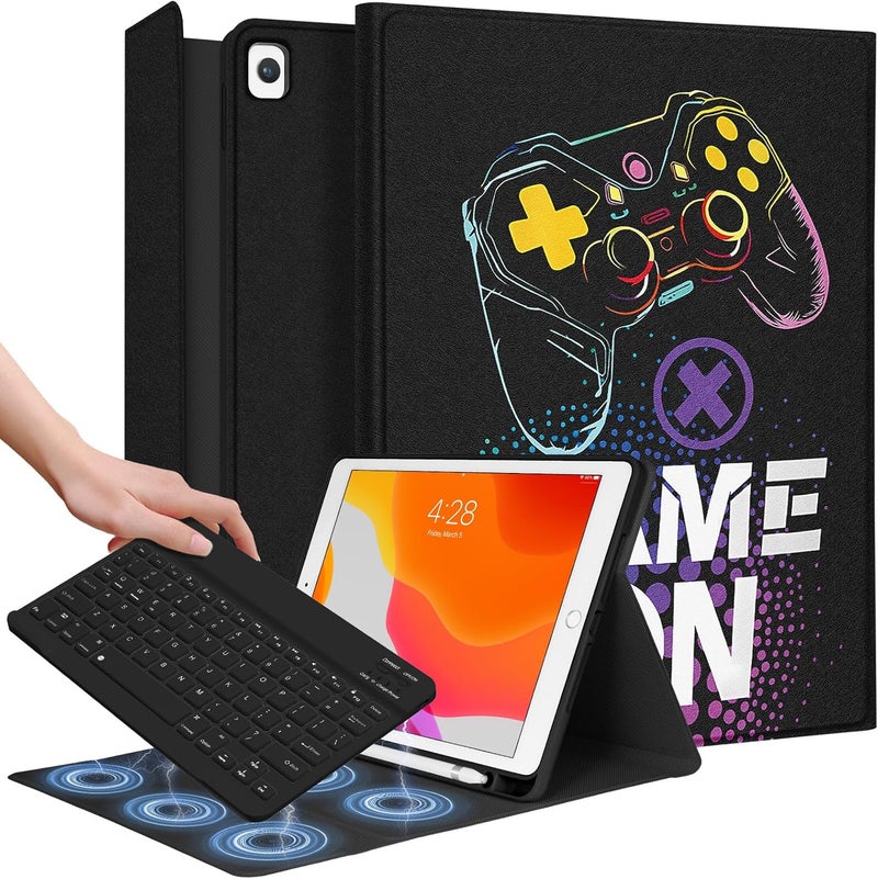 Wazzasoft for iPad 9th/8th/7th/Air 3rd Generation/Pro 10.5 Inch Case Keyboard Pencil Holder Folio Tablet Cover Men Boys Cute Teen Cool Black Gaming Unique Design for Apple 10.2 & 10.5 Inch - Image 1