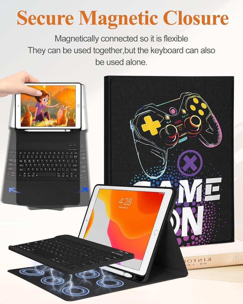Wazzasoft for iPad 9th/8th/7th/Air 3rd Generation/Pro 10.5 Inch Case Keyboard Pencil Holder Folio Tablet Cover Men Boys Cute Teen Cool Black Gaming Unique Design for Apple 10.2 & 10.5 Inch - Image 4