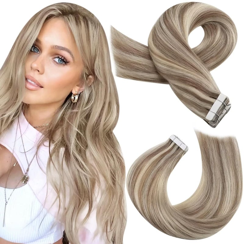 Moresoo Tape in Extensions Human Hair Highlighted Blonde Tape in Hair Extensions Light Brown Highlighted with Blonde Hair Extensions Real Human Hair Glue in Hair 22 Inch #P9A/60 20pcs 50g - Image 1