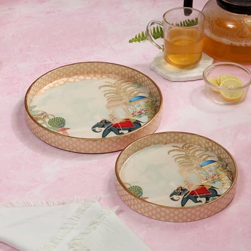 DULI Set of 2 MDF Wood Trays Enamel Coated| Round Trays Set of 2 | Serving Trays | Wooden Tray | Kitchen&Dining Decorative | Resin Tray | 7x7, 9 x 9 inches (SmSetof2Rd-ElephantwithTree) - Image 1