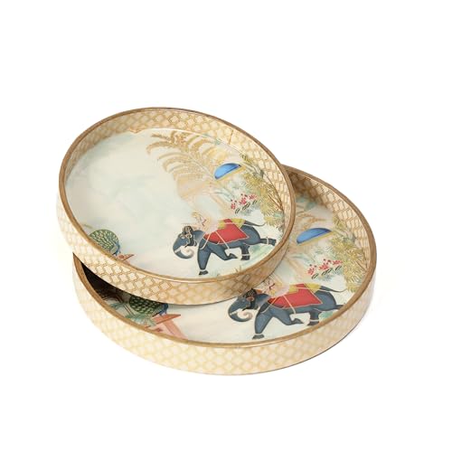 DULI Set of 2 MDF Wood Trays Enamel Coated| Round Trays Set of 2 | Serving Trays | Wooden Tray | Kitchen&Dining Decorative | Resin Tray | 7x7, 9 x 9 inches (SmSetof2Rd-ElephantwithTree) - Image 3
