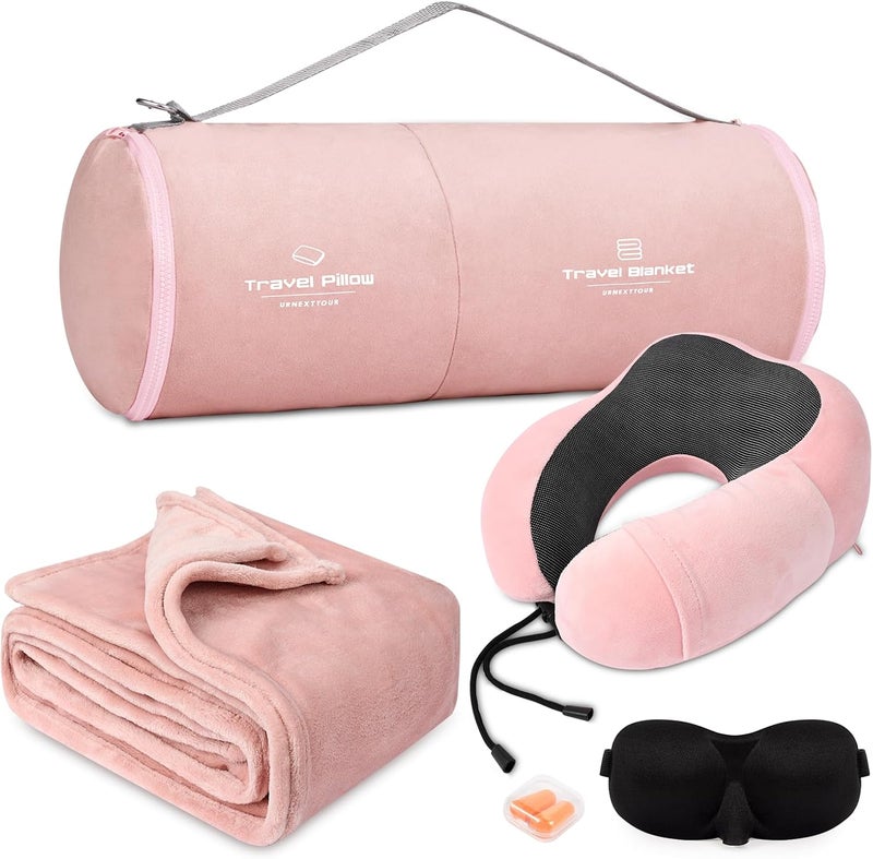 urnexttour Travel Pillow and Blanket Set Neck Pillows Travel Essentials with Sleep Mask for Airplane Car Memory Foam Pink - Image 1