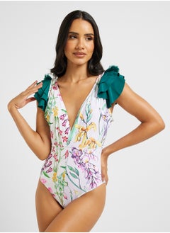 ELLA Ruffled Shoulder Floral Swimsuit With Ruffled Beach Skirt  - Image 3