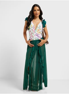 ELLA Ruffled Shoulder Floral Swimsuit With Ruffled Beach Skirt  - Image 1