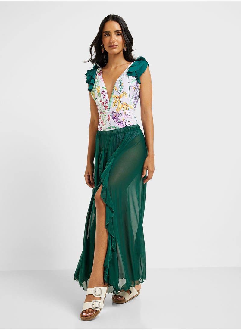 ELLA Ruffled Shoulder Floral Swimsuit With Ruffled Beach Skirt  - Image 5