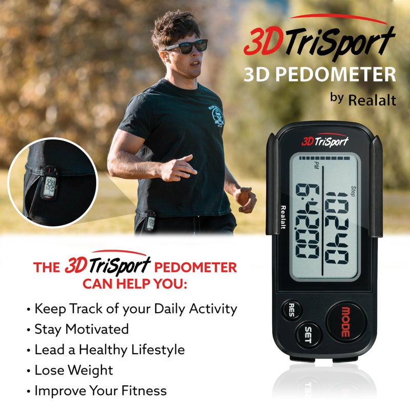 Realalt 3DTriSport Walking 3D Pedometer with Clip & Strap, eBook Included | 30 Days Memory,Accurate Step Counter, Walking Distance Miles/Km,Calorie Counter, Daily Exercise Time Monitor - Stealth Black - Image 3