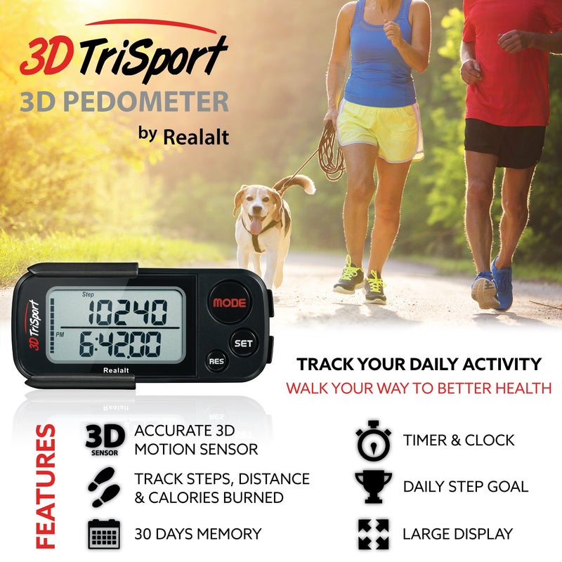 Realalt 3DTriSport Walking 3D Pedometer with Clip & Strap, eBook Included | 30 Days Memory,Accurate Step Counter, Walking Distance Miles/Km,Calorie Counter, Daily Exercise Time Monitor - Stealth Black - Image 2