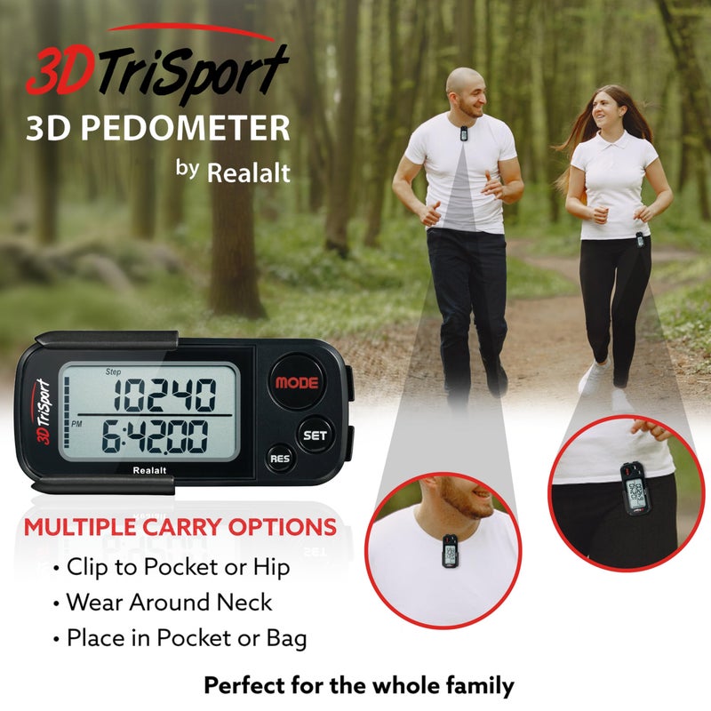 Realalt 3DTriSport Walking 3D Pedometer with Clip & Strap, eBook Included | 30 Days Memory,Accurate Step Counter, Walking Distance Miles/Km,Calorie Counter, Daily Exercise Time Monitor - Stealth Black - Image 5