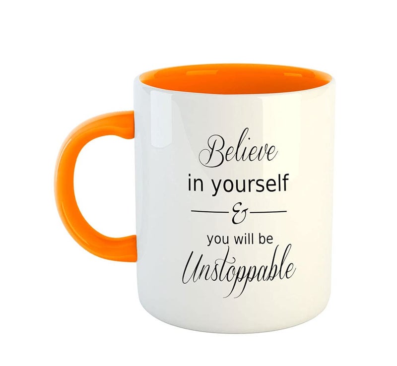 ASHVAH Believe in Yourself & You Will Be Unstoppable Inspirational Motivational Quotes Orange 11oz Coffee Mug Tea Cup - Orange - Image 1