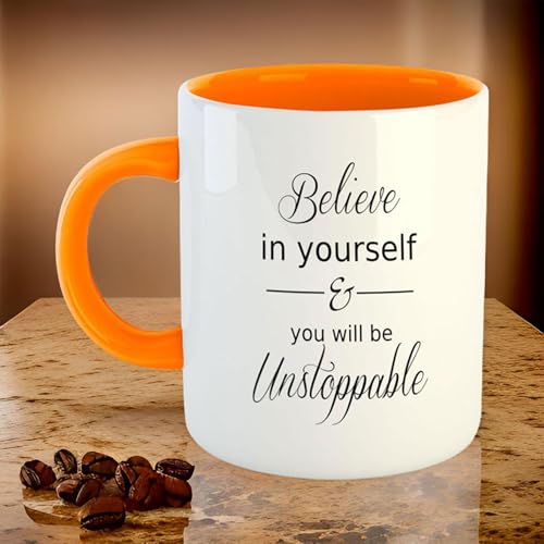 ASHVAH Believe in Yourself & You Will Be Unstoppable Inspirational Motivational Quotes Orange 11oz Coffee Mug Tea Cup - Orange - Image 3