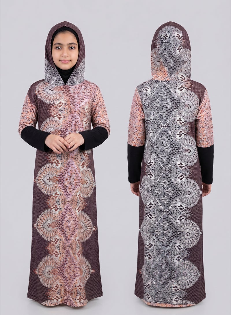 Kids Girls Prayer Esdall / Abaya Size 12 Patterned with Black Sleeves and Hood - Islamic Prayer Dress - Image 1