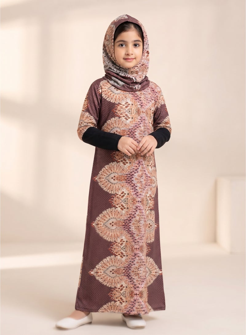 Kids Girls Prayer Esdall / Abaya Size 12 Patterned with Black Sleeves and Hood - Islamic Prayer Dress - Image 2
