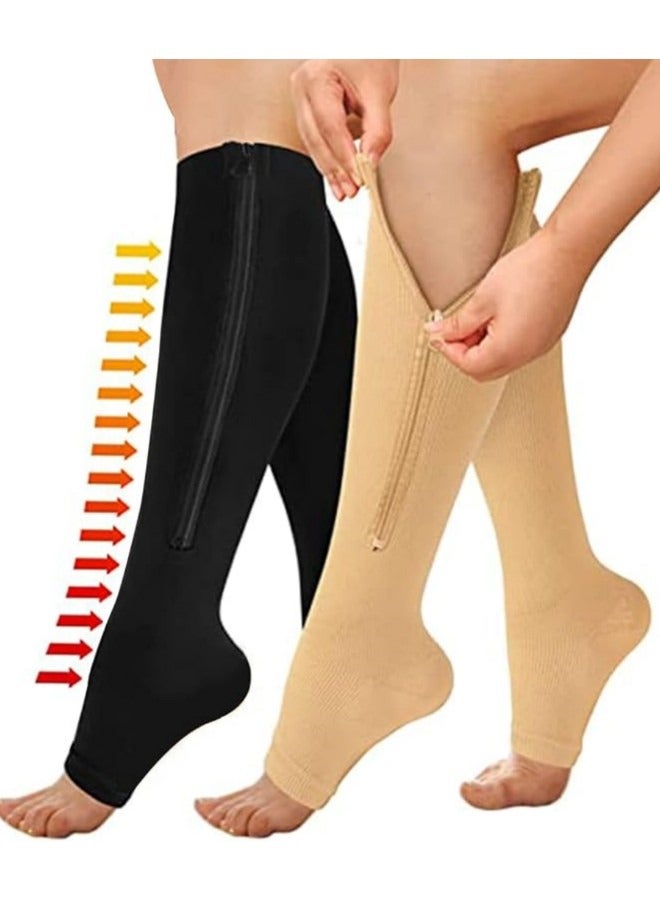GGEROU جوارب ضاغطة بسحاب 15-20 مم زئبقي للنساء والرجال، زوجان من جوارب الضغط حتى الركبة، جوارب طبية مفتوحة لدعم أصابع القدم باللونين الأسود والبيج - Image 1