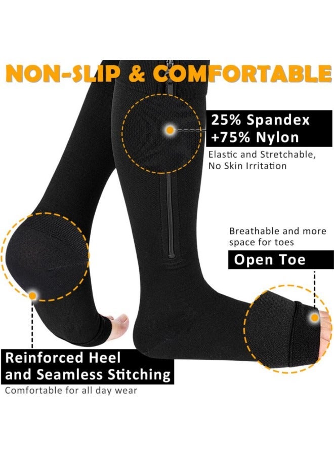 GGEROU جوارب ضاغطة بسحاب 15-20 مم زئبقي للنساء والرجال، زوجان من جوارب الضغط حتى الركبة، جوارب طبية مفتوحة لدعم أصابع القدم باللونين الأسود والبيج - Image 3