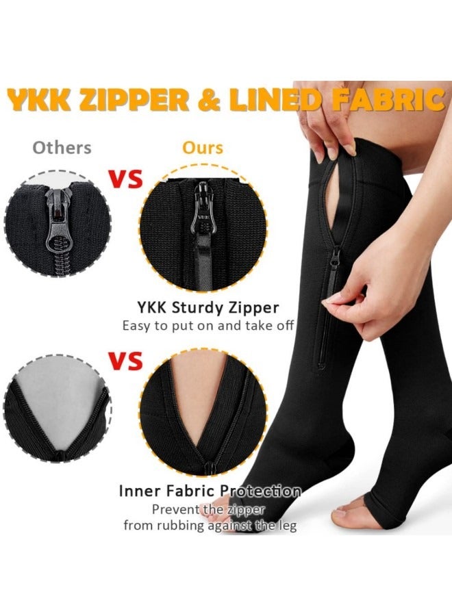 GGEROU جوارب ضاغطة بسحاب 15-20 مم زئبقي للنساء والرجال، زوجان من جوارب الضغط حتى الركبة، جوارب طبية مفتوحة لدعم أصابع القدم باللونين الأسود والبيج - Image 2