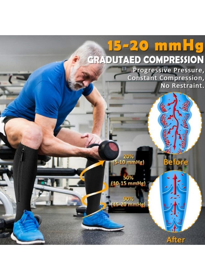 GGEROU جوارب ضاغطة بسحاب 15-20 مم زئبقي للنساء والرجال، زوجان من جوارب الضغط حتى الركبة، جوارب طبية مفتوحة لدعم أصابع القدم باللونين الأسود والبيج - Image 5