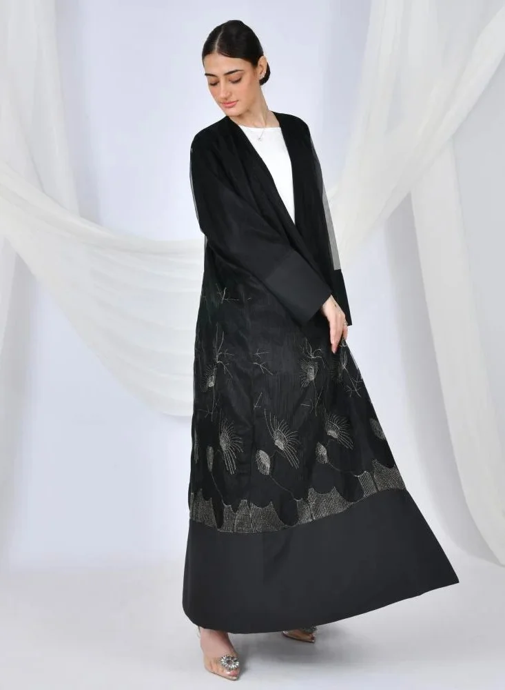 lamha abaya Black wrap abaya with gold embroidered organza fabric