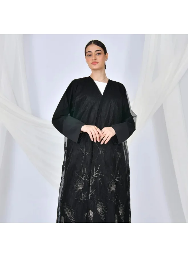 lamha abaya Black wrap abaya with gold embroidered organza fabric