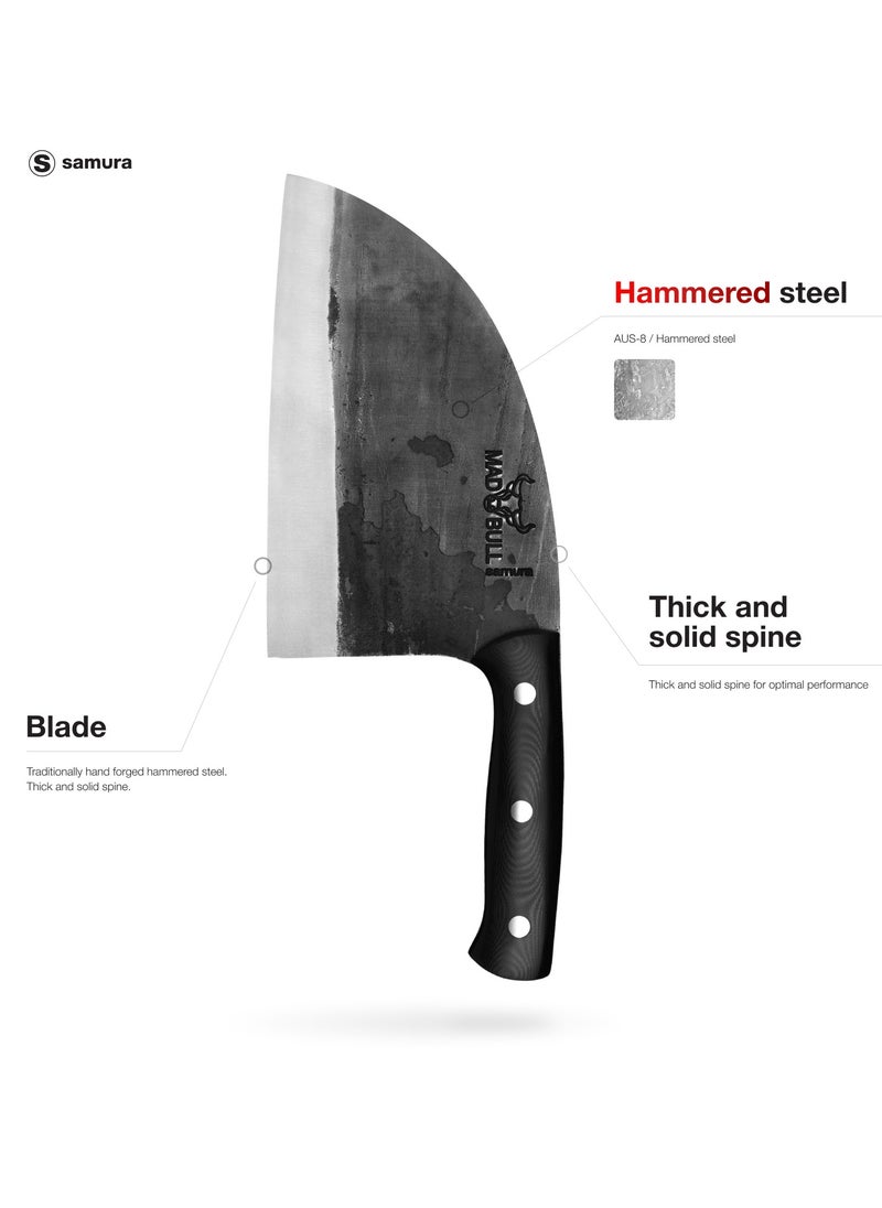 Samura Samura Mad Bull Serbian Chef’s Knife Black Handle | 7 Inch Handle | Durable | AUS-8 Hammered Stainless Steel | G-10 Handle Material | Hand Forged | Precison Cutting  - Image 2