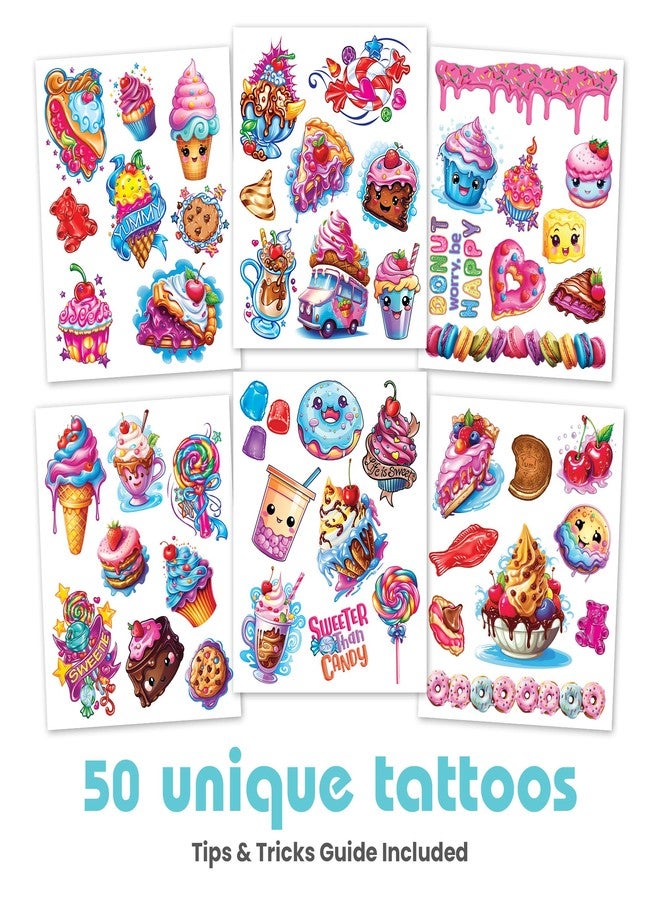 SAVVi 50 Sweet Tooth Temporary Tattoos: Marshmallow Scented, Skin-Safe Ink, Great for Birthday Parties, Gifts for Boys and Girls Ages 4-12+, Made in the USA [6 sheets, 50 count] - Image 2