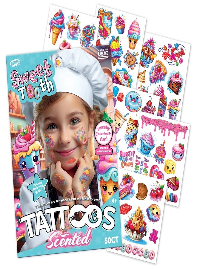 SAVVi 50 Sweet Tooth Temporary Tattoos: Marshmallow Scented, Skin-Safe Ink, Great for Birthday Parties, Gifts for Boys and Girls Ages 4-12+, Made in the USA [6 sheets, 50 count] - Image 1