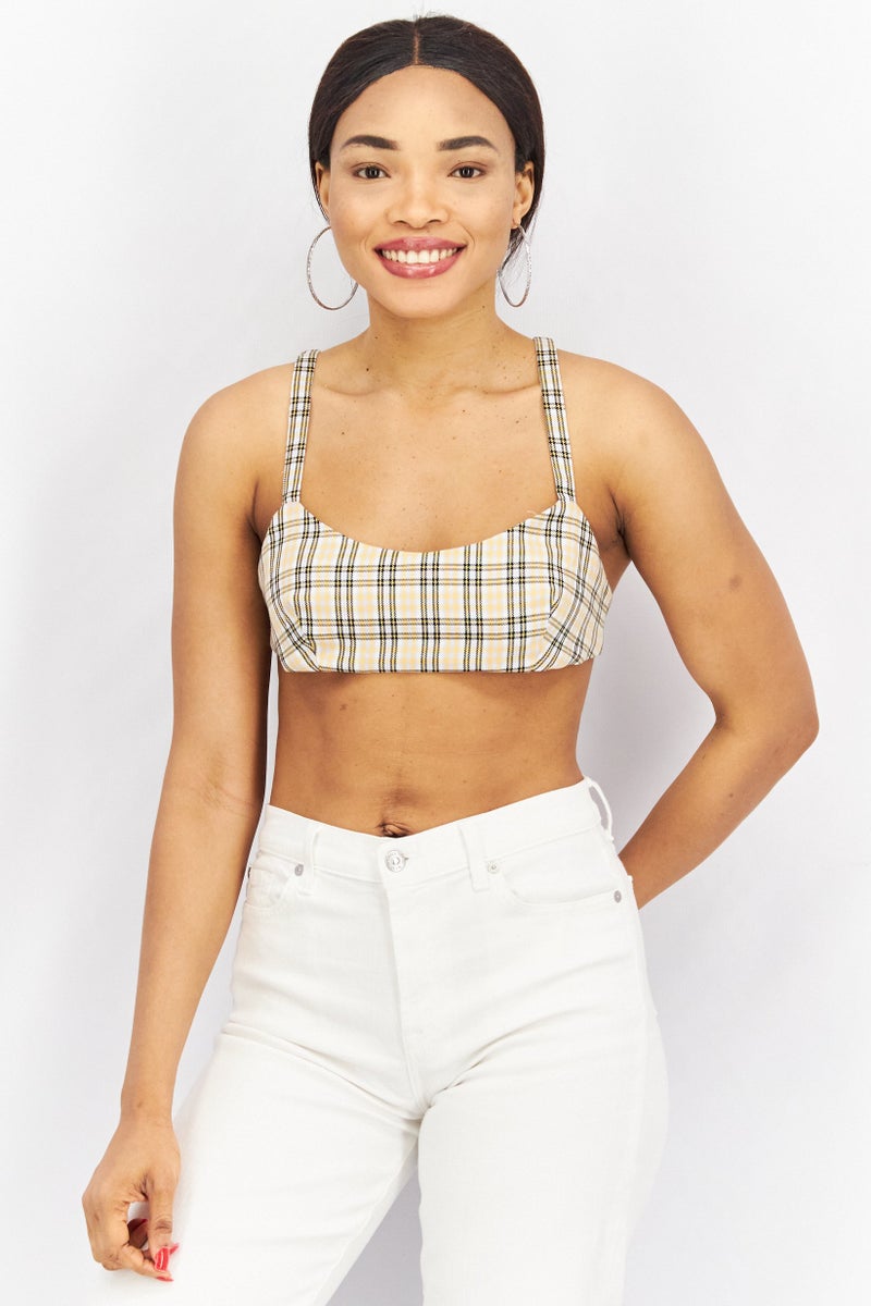 Collusion Women Non Padded Unlined Check Bralette Top, Yellow Combo - Image 1
