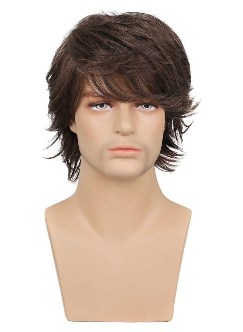 Excefore Short Brown Wig For Mens, Handsome Natural Fluffy Toupee For Men, Synthetic Hair Replacement Systems Hairpieces With Wig Cap, For Office Party Cosplay Daily Social, Brown - Image 2
