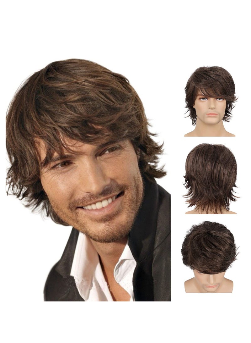 Excefore Short Brown Wig For Mens, Handsome Natural Fluffy Toupee For Men, Synthetic Hair Replacement Systems Hairpieces With Wig Cap, For Office Party Cosplay Daily Social, Brown - Image 1