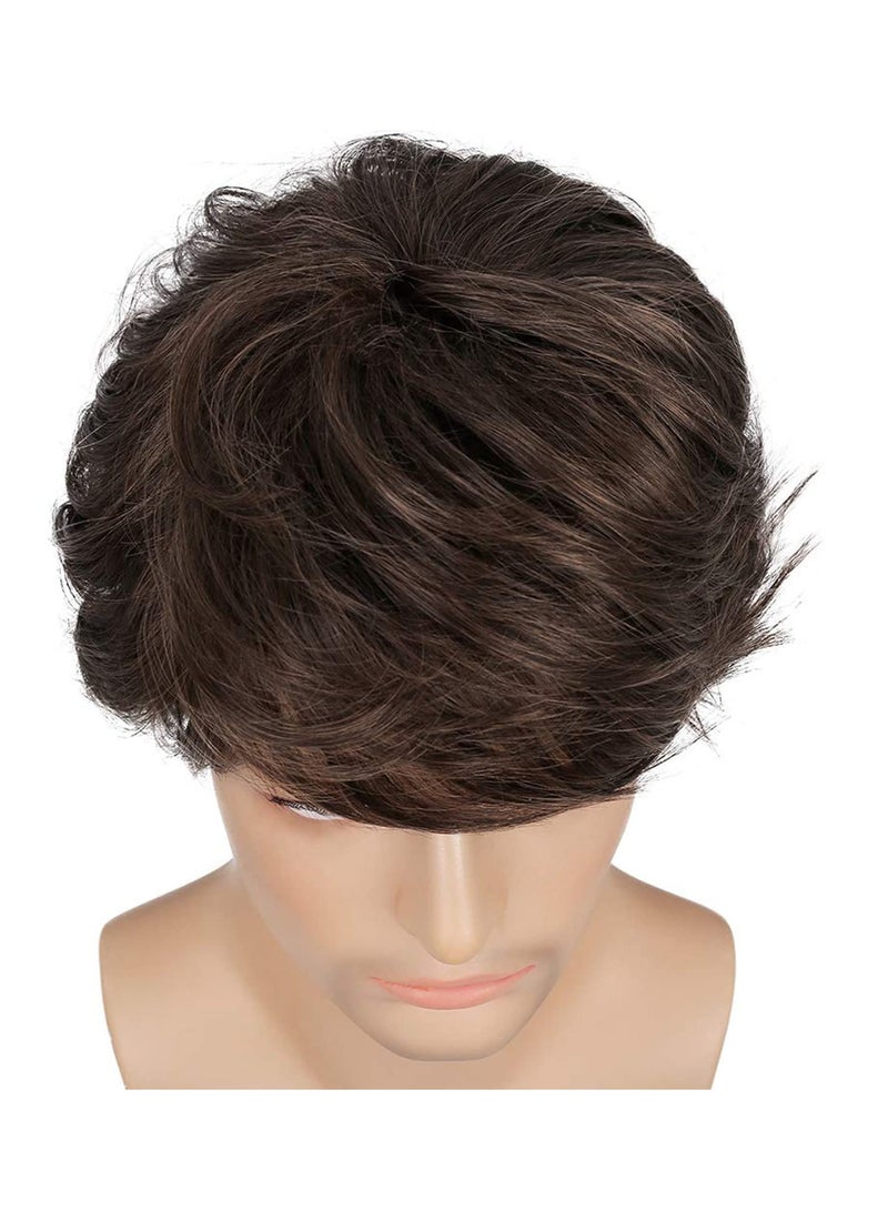 Excefore Short Brown Wig For Mens, Handsome Natural Fluffy Toupee For Men, Synthetic Hair Replacement Systems Hairpieces With Wig Cap, For Office Party Cosplay Daily Social, Brown - Image 5