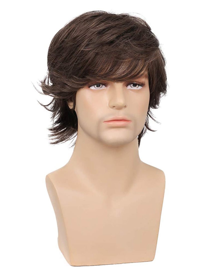 Excefore Short Brown Wig For Mens, Handsome Natural Fluffy Toupee For Men, Synthetic Hair Replacement Systems Hairpieces With Wig Cap, For Office Party Cosplay Daily Social, Brown - Image 3