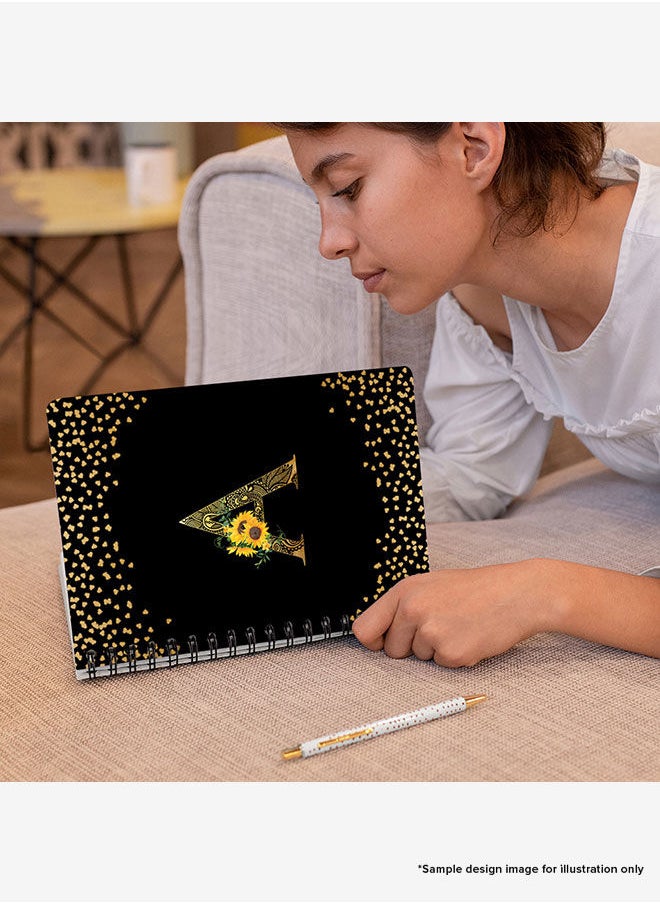 Designer A5 Spiral Notebook Memo Notepad Journal - Custom Monogram Initial Letter Mandala Floral Pattern Alphabet - T - Black