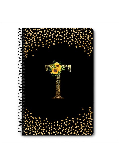 Designer A5 Spiral Notebook Memo Notepad Journal - Custom Monogram Initial Letter Mandala Floral Pattern Alphabet - T - Black