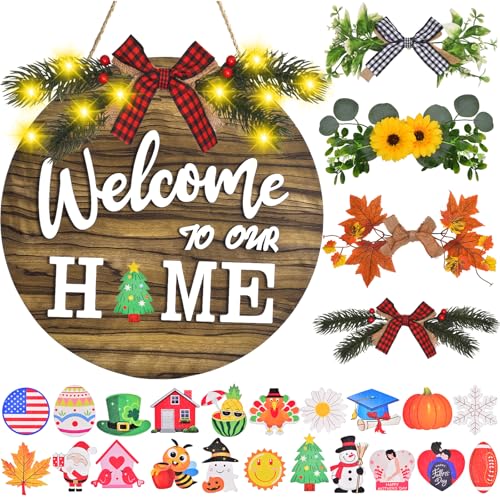 IDATOO Interchangeable Welcome Home Sign, Front Door Decor With 4 Seasonal Wreaths and 21 Changeable Icons, Rustic Wood Wall Porch Hanger for Holiday Halloween Christmas Housewarming Gift (Brown) - Image 1