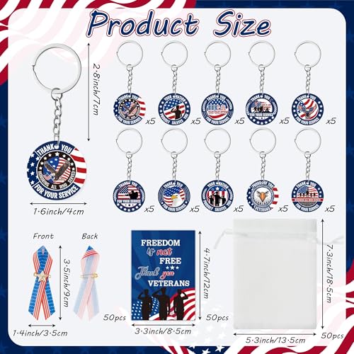 BZaber Memorial Day Gifts Set 200P Veterans Day American Flag Satin Awareness Patriotic Ribbon Pins USA Keychain with Inspirational Card Star Patch Organza Bag Appreciation Retirement Party Supplies - Image 3