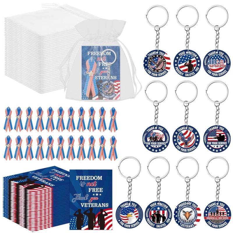 BZaber Memorial Day Gifts Set 200P Veterans Day American Flag Satin Awareness Patriotic Ribbon Pins USA Keychain with Inspirational Card Star Patch Organza Bag Appreciation Retirement Party Supplies - Image 2