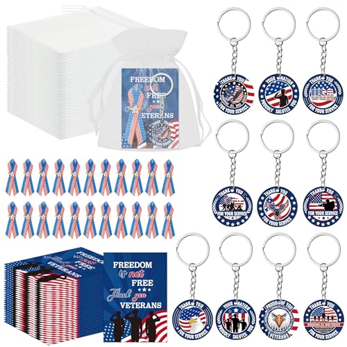 BZaber Memorial Day Gifts Set 200P Veterans Day American Flag Satin Awareness Patriotic Ribbon Pins USA Keychain with Inspirational Card Star Patch Organza Bag Appreciation Retirement Party Supplies - Image 1