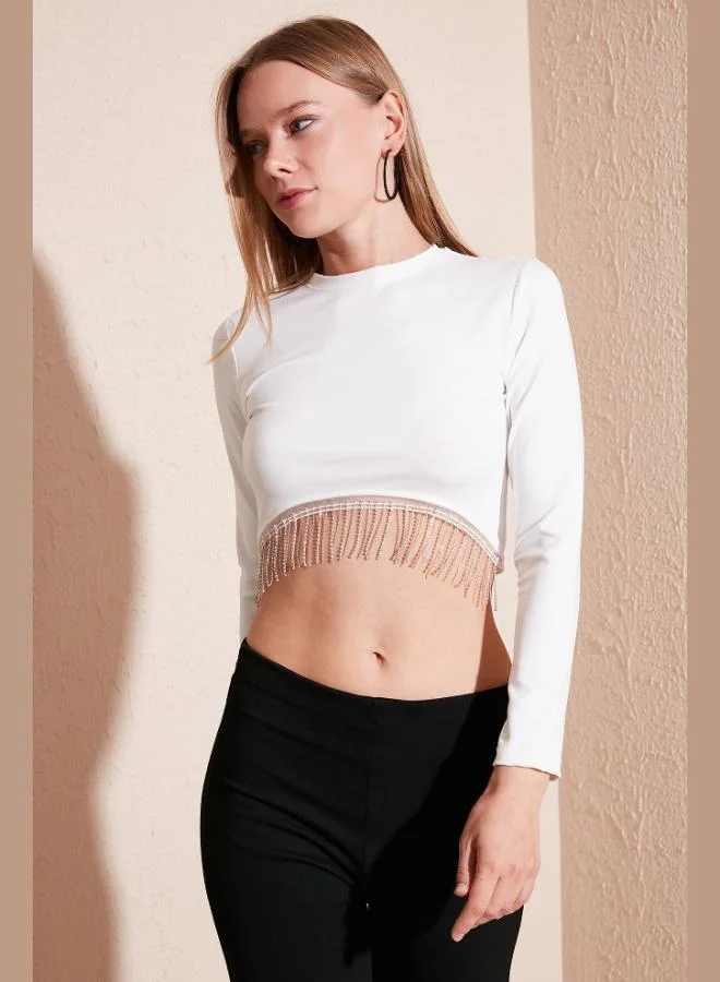 Lela Lela Slim Fit Crew Neck Chain Detail Crop Blouse Women's Blouse 5865397