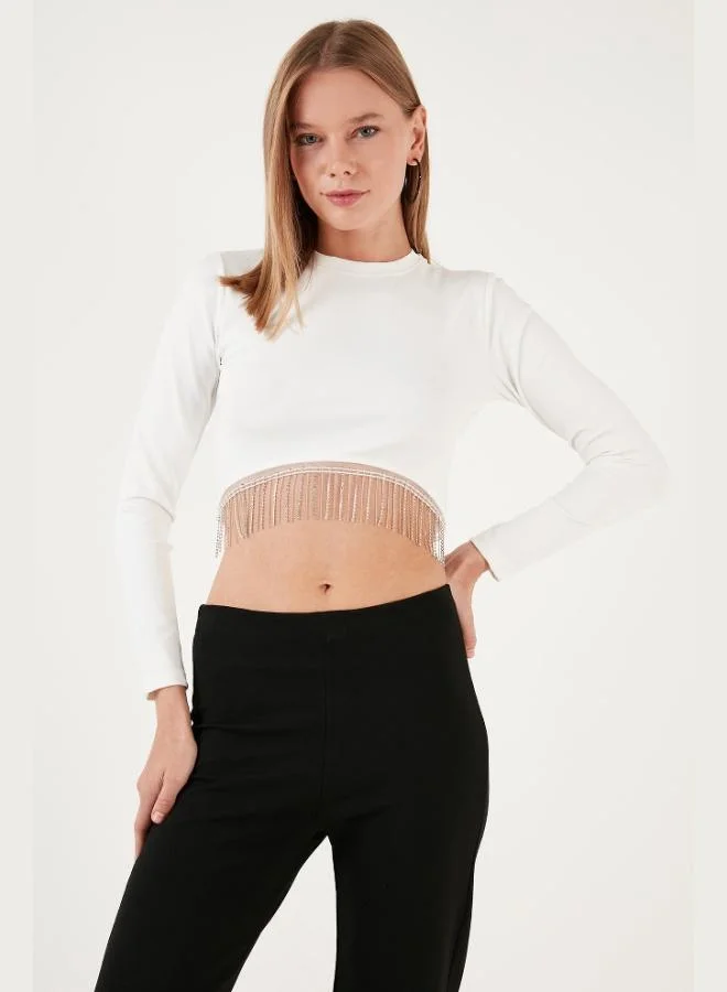 Lela Lela Slim Fit Crew Neck Chain Detail Crop Blouse Women's Blouse 5865397