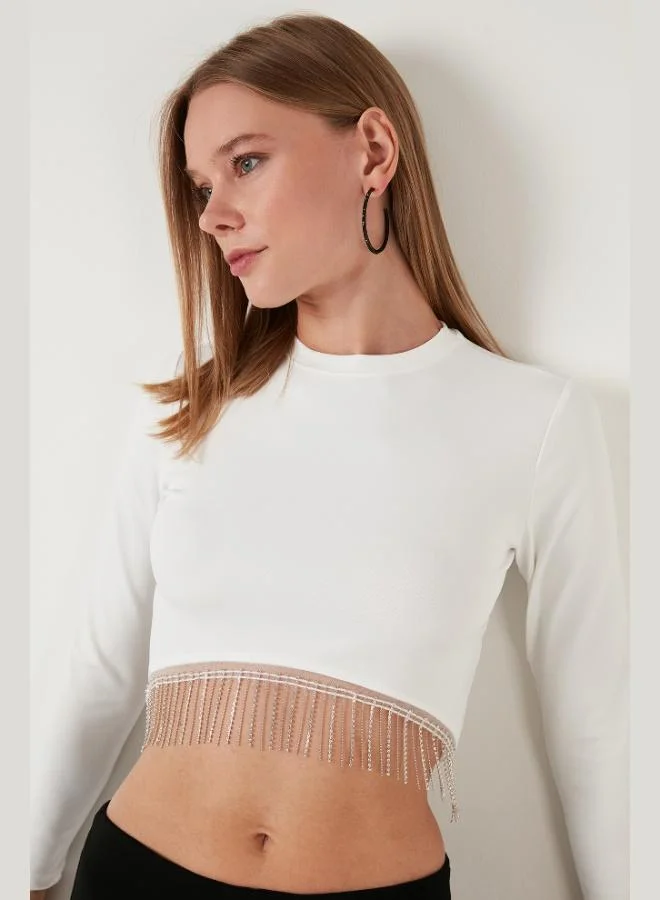 Lela Lela Slim Fit Crew Neck Chain Detail Crop Blouse Women's Blouse 5865397