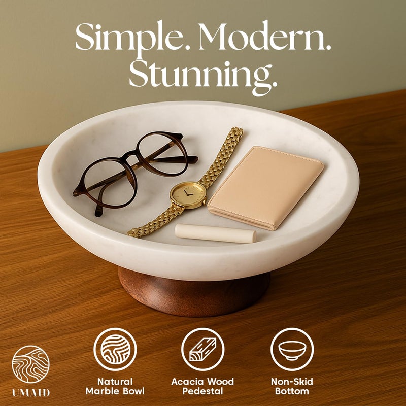 UMAID White Marble Decorative Bowl with Wood Pedestal, 10" Handcrafted Natural Stone Centerpiece with Unique Veining, Luxury Kitchen Fruit Bowl & Entryway Catch-All, for Potpourri & Coffee Table Decor - Image 4