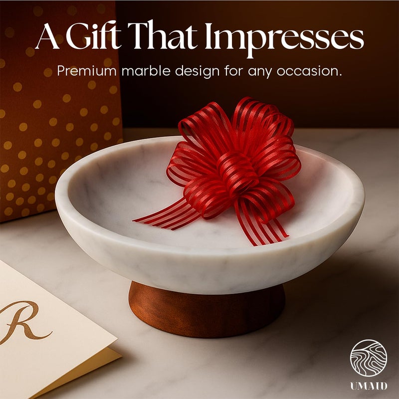 UMAID White Marble Decorative Bowl with Wood Pedestal, 10" Handcrafted Natural Stone Centerpiece with Unique Veining, Luxury Kitchen Fruit Bowl & Entryway Catch-All, for Potpourri & Coffee Table Decor - Image 2