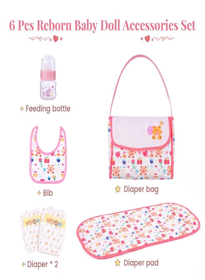 BABESIDE مجموعة إكسسوارات دمية الأطفال حديثي الولادة من بابسايد، 6 قطع، مناسبة للدمى من 17 إلى 22 بوصة، تتضمن حقيبة طعام وحفاضات مع مريلة وزجاجة رضاعة وحفاضات ووسادة تغيير، هدية لعبة للبنات (الدمية غير متضمنة). - Image 5