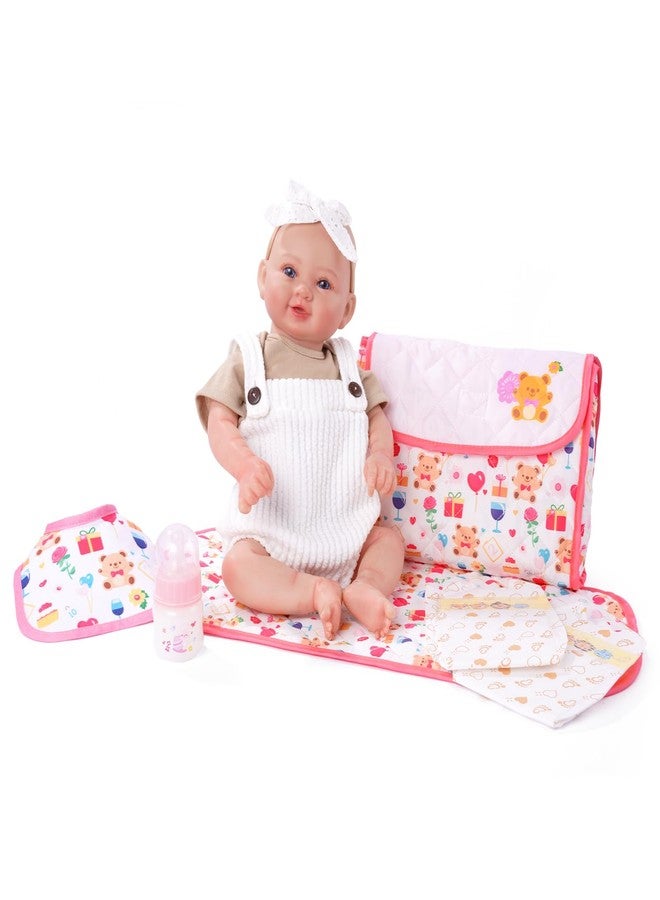 BABESIDE مجموعة إكسسوارات دمية الأطفال حديثي الولادة من بابسايد، 6 قطع، مناسبة للدمى من 17 إلى 22 بوصة، تتضمن حقيبة طعام وحفاضات مع مريلة وزجاجة رضاعة وحفاضات ووسادة تغيير، هدية لعبة للبنات (الدمية غير متضمنة). - Image 2