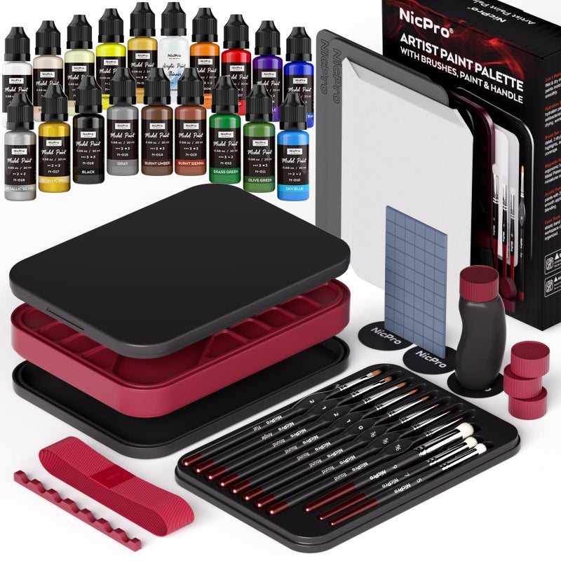 Nicpro AllInOne Miniature Painting Kit Including 18 Colors Model Paint Wet Palette 11PCS Detail Paint Brushes Drybrush Magnetic Painting Handle 2PCS Sponges 50PCS Pallet Paper and Brush Holder - Image 2