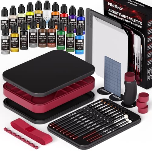 Nicpro AllInOne Miniature Painting Kit Including 18 Colors Model Paint Wet Palette 11PCS Detail Paint Brushes Drybrush Magnetic Painting Handle 2PCS Sponges 50PCS Pallet Paper and Brush Holder - Image 1